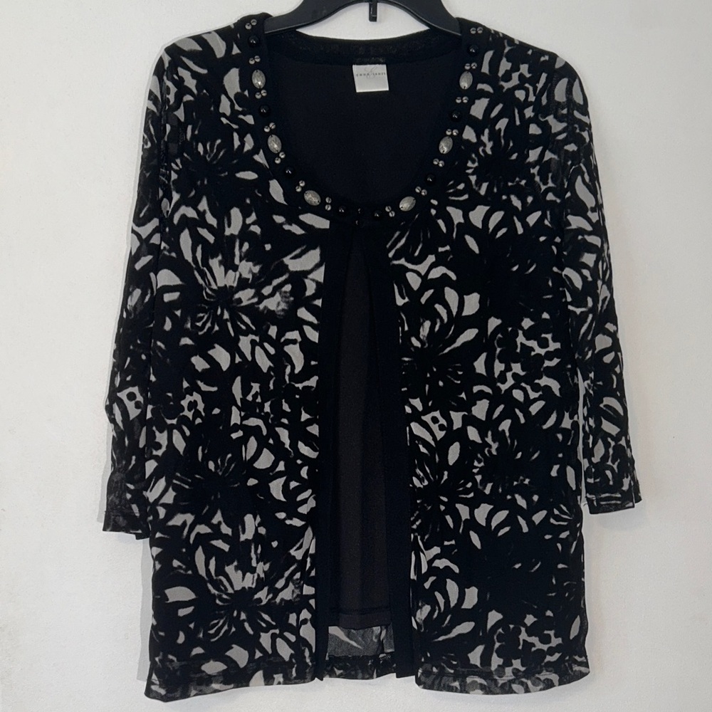 Emma James Black and Gray Floral Blouse Sheer Overlay Cardigan M